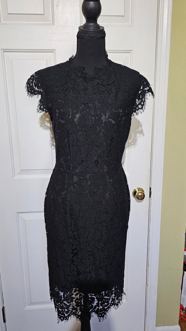 Black Floral Lace Sheath Dress Eyelash Lace Cap Sleeve Cocktail Wedding Guest